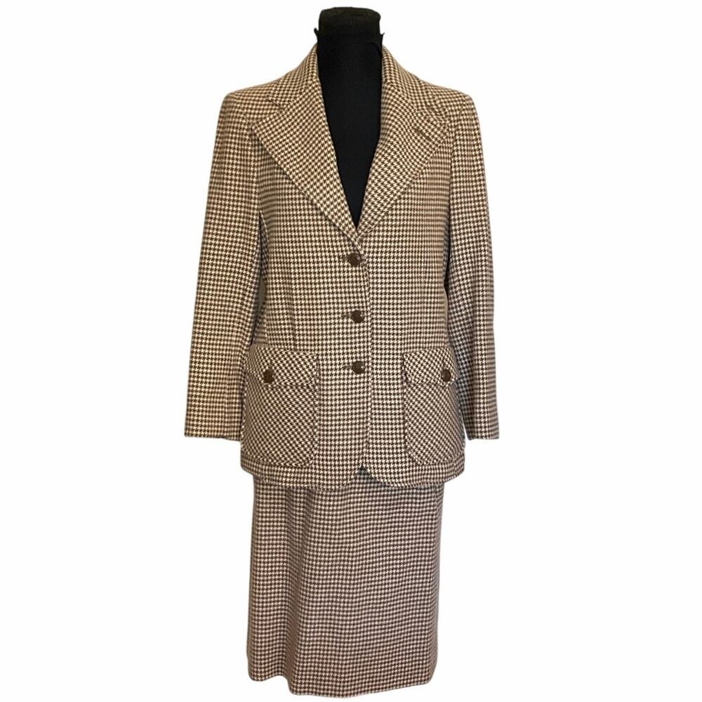 Vintage Dalton 100% Wool 2 Piece Suit Womens Houndstooth Blazer Skirt Brown - Picture 2 of 11